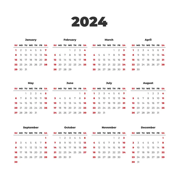 2024 Plantilla Calendario Vectorial Simple Las Semanas Comienzan Domingo — Vector de stock