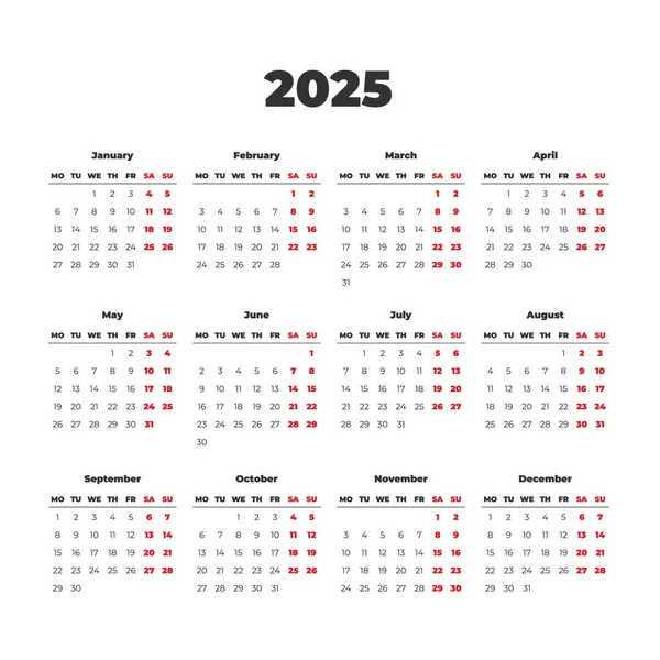 2025 Plantilla Calendario Vectorial Simple Las Semanas Comienzan Lunes — Vector de stock