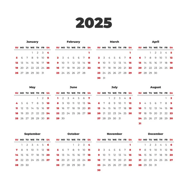 2025 Simple Vector Calendar Template Weeks Start Sunday — Stok Vektör