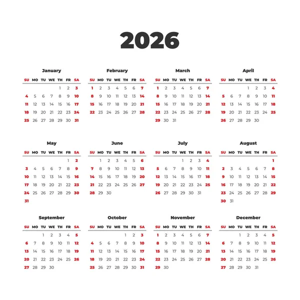 2026 Simple Vector Calendar Template Weeks Start Sunday — Stok Vektör