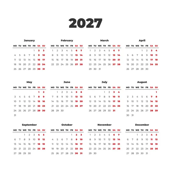 2027 Modelo Calendário Vetorial Simples Semanas Começam Segunda Feira — Vetor de Stock