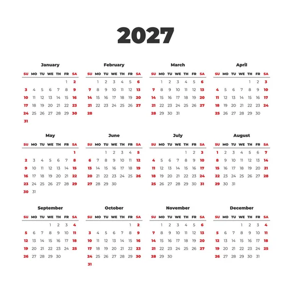 2027 Simple Vector Calendar Template Weeks Start Sunday — Stok Vektör