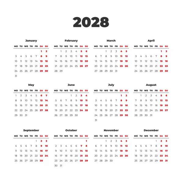 2028 Modèle Calendrier Vectoriel Simple Les Semaines Commencent Lundi — Image vectorielle