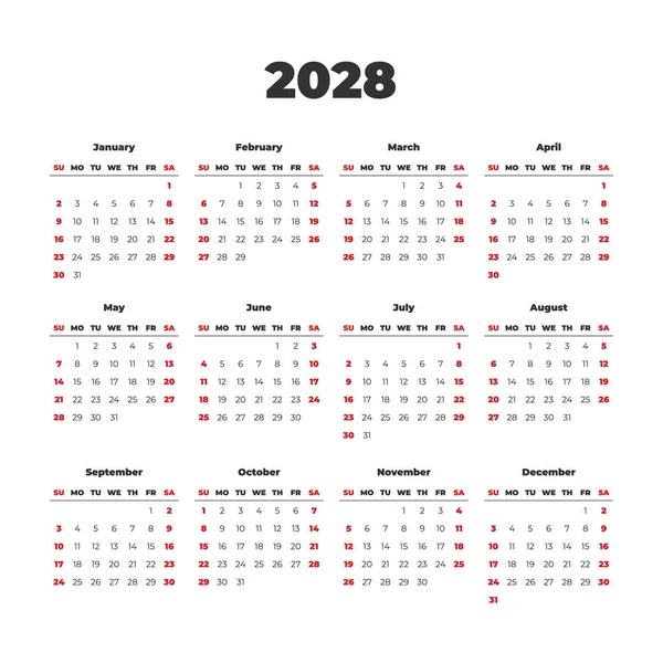 2028 Simple Vector Calendar Template Weeks Start Sunday — Archivo Imágenes Vectoriales