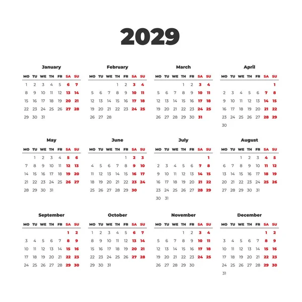 2029 Modèle Calendrier Vectoriel Simple Les Semaines Commencent Lundi — Image vectorielle