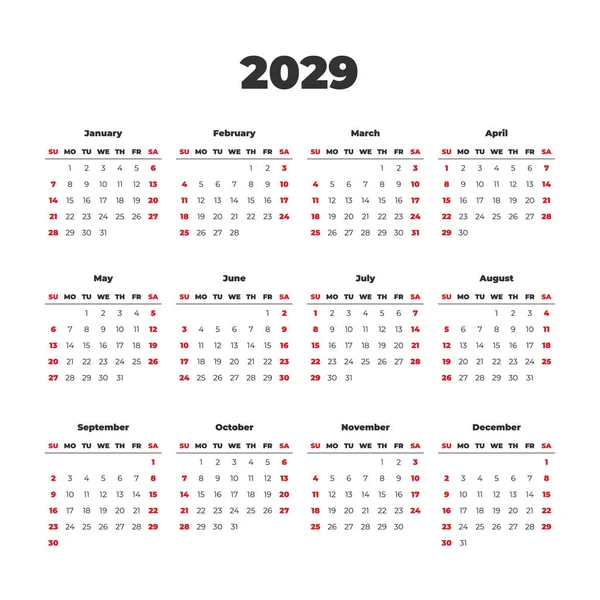 2029 Basit Vektör Takvim Şablonu Haftalar Pazar Günü Başlar — Stok Vektör