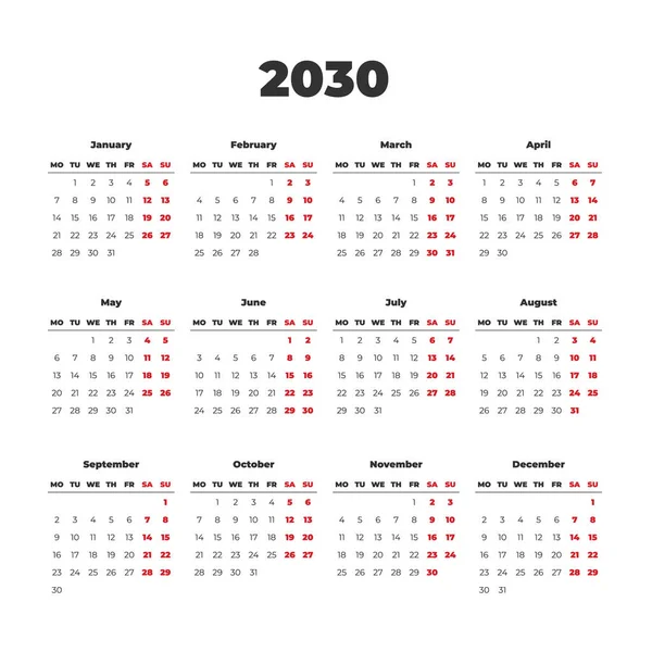 2030 Basit Vektör Takvim Şablonu Haftalar Pazartesi Başlıyor — Stok Vektör
