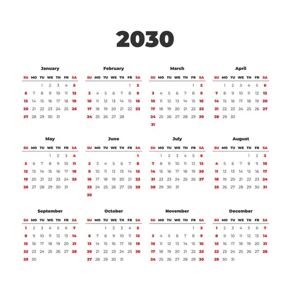 2030 Basit Vektör Takvim Şablonu Haftalar Pazar Günü Başlar — Stok Vektör