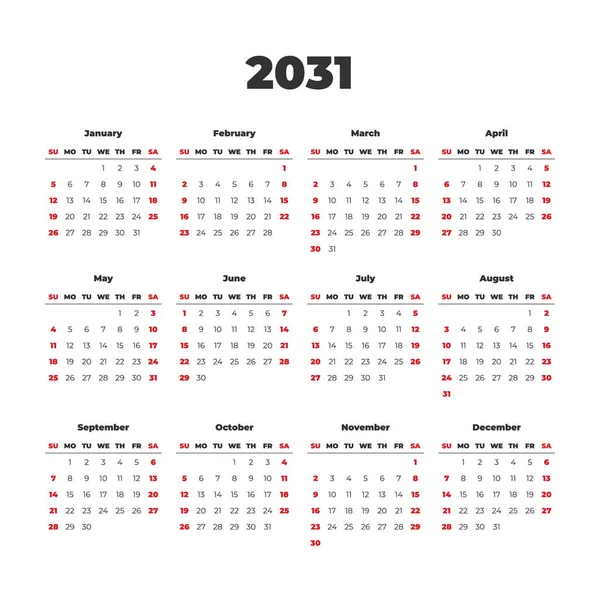 2031 Basit Vektör Takvim Şablonu Haftalar Pazar Günü Başlar — Stok Vektör
