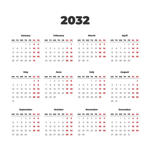 2032 Απλό Διανυσματικό Πρότυπο Ημερολόγιο Εβδομάδες Ξεκινούν Δευτέρα — Διανυσματικό Αρχείο