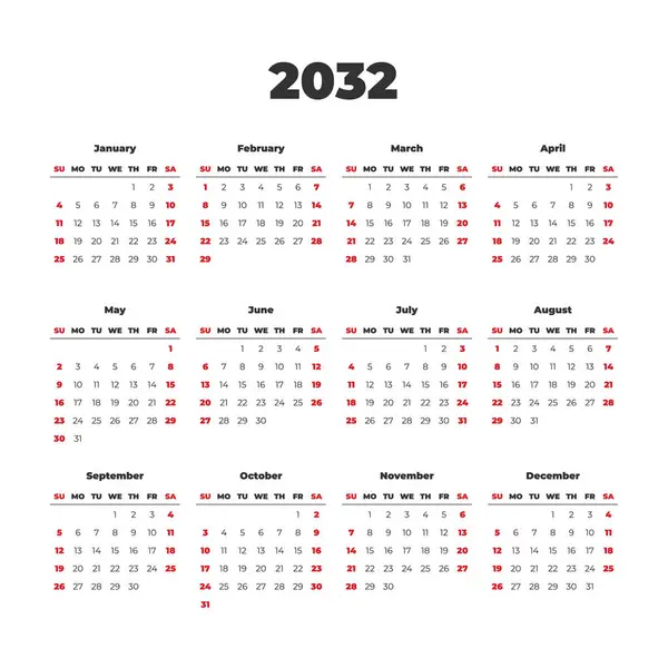 2032 Simple Vector Calendar Template Weeks Start Sunday — Stock Vector