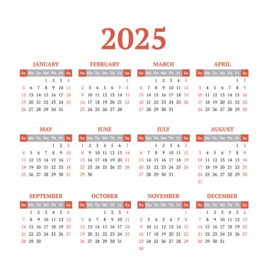 2025 simple vector calendar template. Weeks start on Sunday