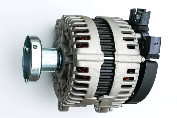 New modern car power generator with clutch pulley shaft on a white background. Side view