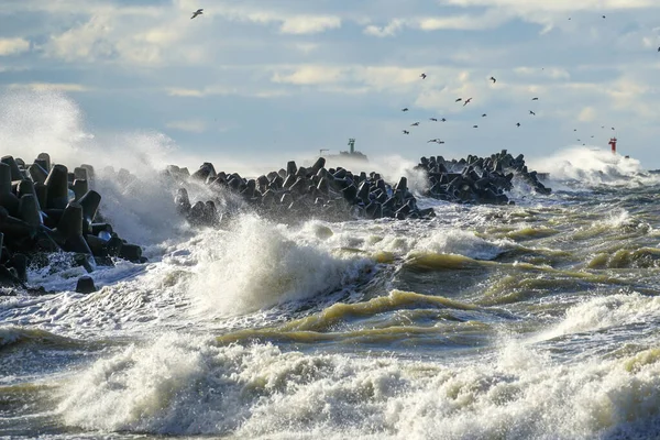 Υψηλά Κύματα Συντρίβονται Πάνω Στο Λιμάνι Τετράποδες Από Σκυρόδεμα Κατά — Φωτογραφία Αρχείου