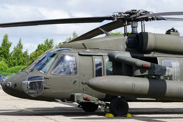 stock image Liepaja, Latvia - August 7, 2022: US Army Sikorsky UH-60 Black Hawk military helicopter after landing at the airport, front side view