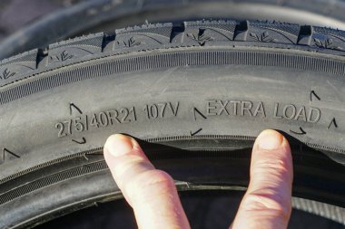 Side view of new tire with tire width, height and wheel diameter designations and speed and load indices clipart