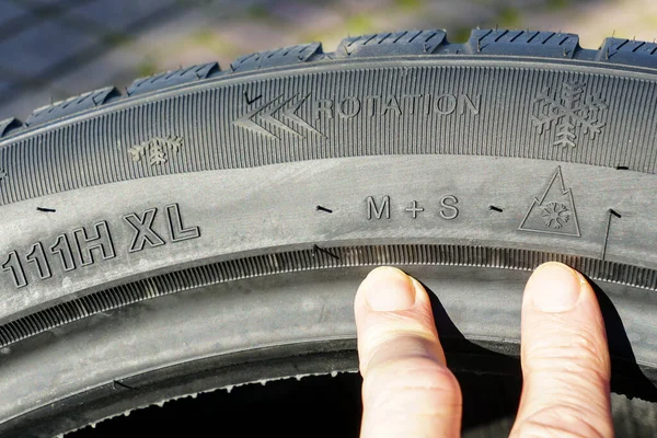 Markings Sidewall New Winter Tire Markings Speed Load Rotation Direction — Stock Photo, Image