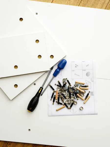 New White Laminated Chipboard Furniture Self Mounting Set Fitting Screws — Stock Photo, Image