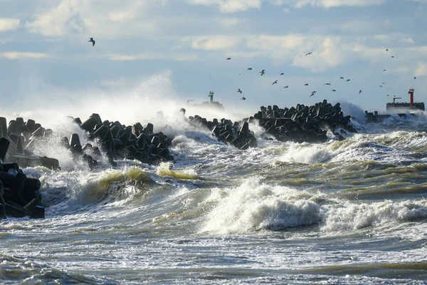 バルト海沿岸の嵐 港の入り口のコンクリート防波堤に対する大きな波の衝突 波の破壊 極端な天候 — ストック写真