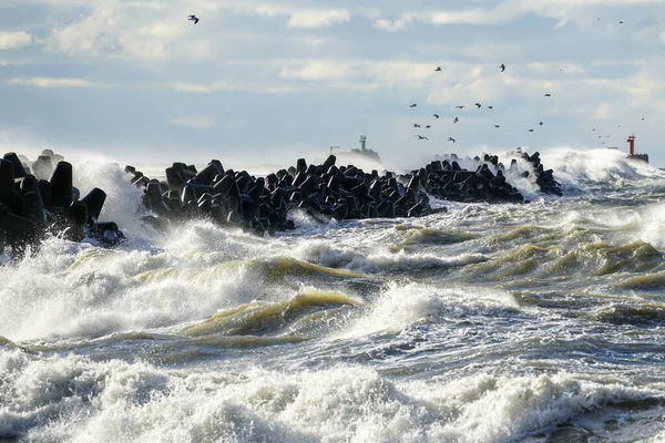 バルト海沿岸の嵐 港の入り口のコンクリート防波堤に対する大きな波の衝突 波の破壊 極端な天候 — ストック写真