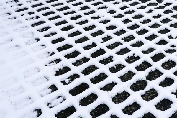 Patrón Contorno Cuadros Nieve Blanca Adoquines Oscuros Perspectiva Abstracta Sobre — Foto de Stock