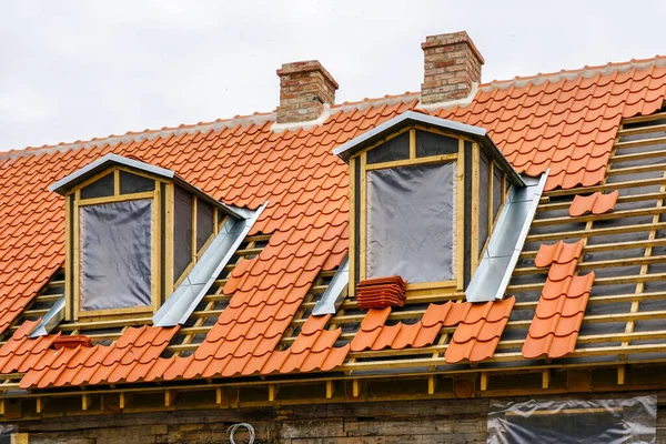 Restoration Roof Wooden Structures Clay Tiles Roofing Replacement Historic House — Stock Photo, Image