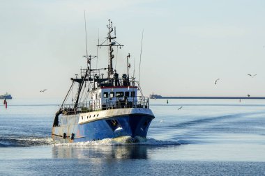 Küçük bir balıkçı teknesi limana döndükten sonra mavi gökyüzü ve martılarla dolu güzel bir manzarayla Baltık Denizi, Liepaja limanı