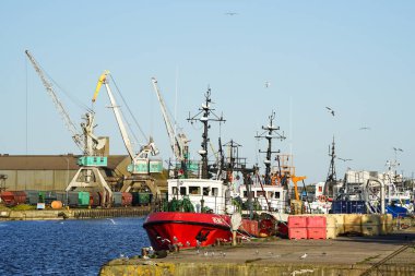Liepaja, Letonya - Mayıs 06, 2023: Mavi arka planda balıkçı tekneleri, balık konteynırları ve martılar ile renkli liman manzarası