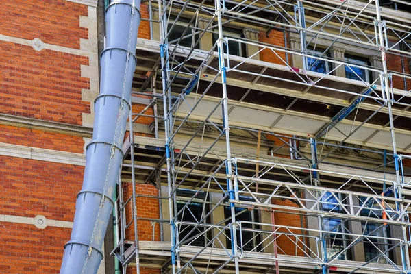 Blå Tillfällig Bärbar Plast Konstruktion Skräp Rör Och Byggnadsställningar Byggnadens — Stockfoto