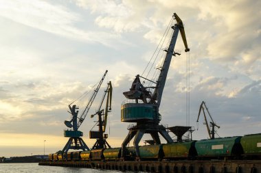 Turna bacaklarının arasında tahıl vagonları olan liman turnaları, akşam güneşinde liman tahıl ihracat endüstrisi sahnesi