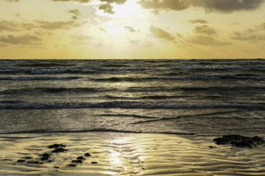 Baltık Denizi kıyısında güzel altın bir gün batımı, deniz kıyısında altın gün batımı, altın gün batımı, parlak güneş ışığı