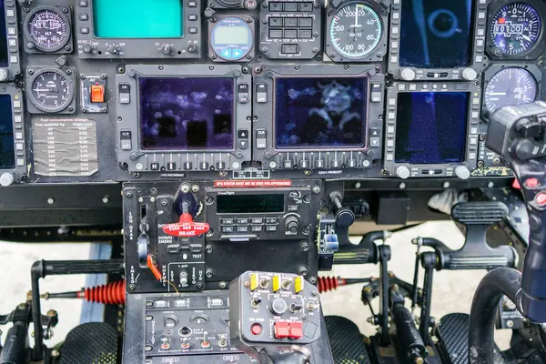 Interieur Zicht Helikopter Agusta Cockpit Met Bedieningspedalen Dashboard Displays Geselecteerde Stockfoto