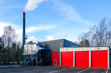 New modern wood chip biofuel boiler house for increased heat energy production efficiency from renewable energy resources, modern heat power plant clipart