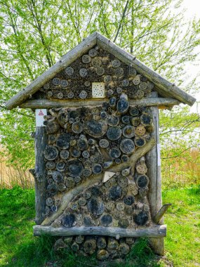 Büyük bir böcek evi ya da böcek oteli, doğa parkındaki bir gölün kıyısındaki ahşap ve kil, böcekler ve arılar için yaşam alanı, kurtarma evi.