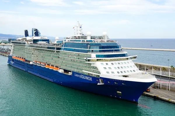 stock image Barcelona, Spain- May 25, 2024: Celebrity cruises large cruise liner Celebrity Equinox moored at passenger terminal, aerial view