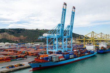 Barcelona, İspanya - 25 Mayıs 2024: Büyük yüklü kargo gemileri Maersk Nuba, IMO 9356115 ve EMMA A, IMO 9308194 APM konteyner terminali Barcelona