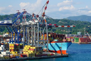 La Spezia, Italy- 28 Mayıs 2024: Liman konteynır terminalinde çok sayıda yüksek vinç bulunan büyük, tam donanımlı konteyner gemisi