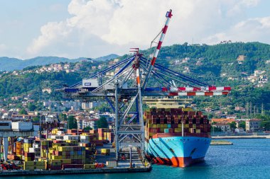 La Spezia, Italy- 28 Mayıs 2024: Liman konteynır terminalinde çok sayıda yüksek vinç bulunan büyük, tam donanımlı konteyner gemisi