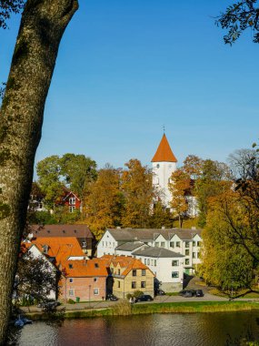 Beautiful view of Talsi Old Town with a white church tower and trees in autumn colors with blue sky, small town in Latvia, Europe clipart