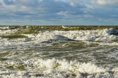 Manzaralı Baltık deniz kıyısı, büyük dalgalı fırtınalı deniz, bulutlu karanlık gökyüzü, kumlu sahil, sonbaharda Baltık kıyısı, fırtınalı deniz manzarası, köpüklü dalgalar.