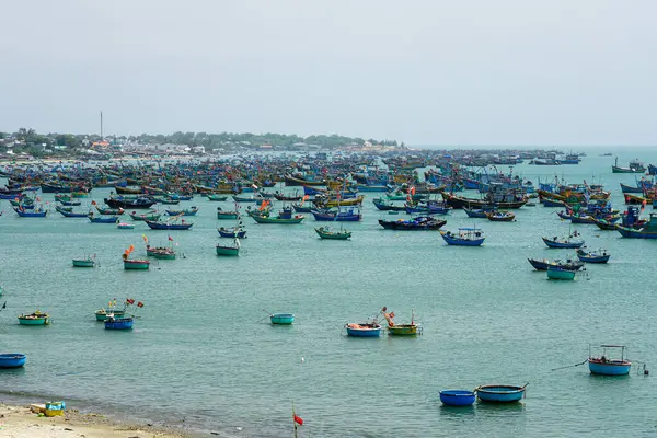 Yüzlerce renkli balıkçı teknesi ve yuvarlak sepet tekneleri Vietnam limanında Mui Ne köyü yakınlarında huzur içinde yüzüyor.