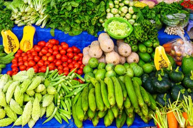 Domatesler, balkabakları, kavunlar ve kırsal kesimdeki bir markette yeşillikler dahil olmak üzere çeşitli taze sebzeler. Vietnam.
