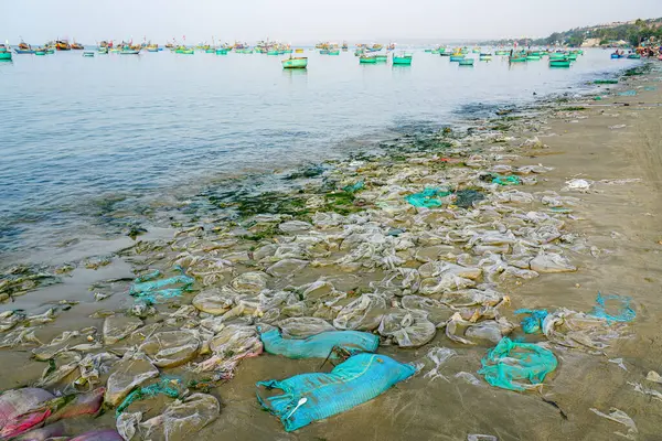 Kirli kıyı şeridi, Vietnam 'ın işlek kıyıları olan Mui Ne' de demirlemiş balıkçı teknelerinin yakınındaki atık plastik torbalarla dolu.