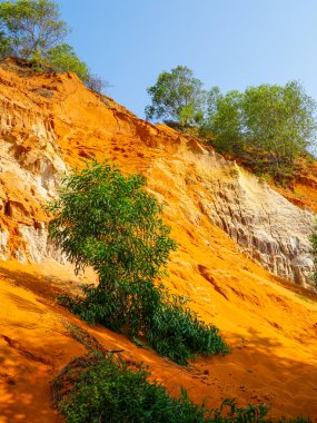 Kırmızı kum tepeleri, beyaz uçurumlar ve Ham Tien Kanyonu 'ndaki canlı yeşil bitki örtüsü, Vietnam' ın canlı manzarası.