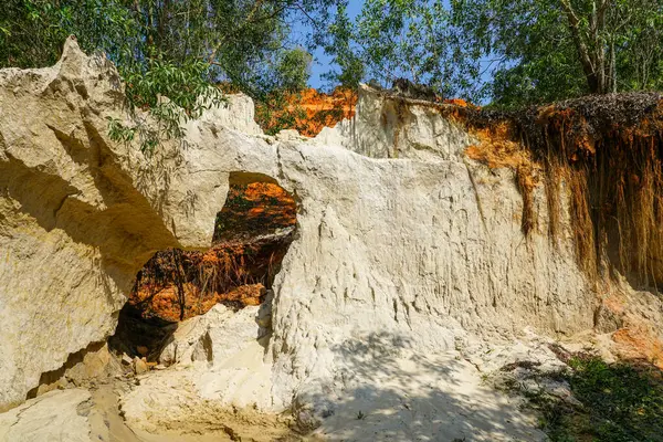 Doğal beyaz kumtaşı kemeri oluşumu görünür erozyon, kırmızı toprak zıt ve yeşil ağaçlar Ham Tien Kanyonu, Vietnam