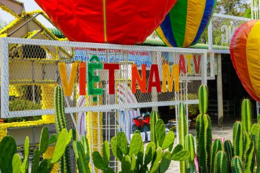 Mui Ne, Vietnam- 21 Mart 2025: Canlı bir VİETNAM tabelası renkli balonlar ve Bau Trang festivalinde uzun yeşil kaktüsler arasında göze çarpıyor