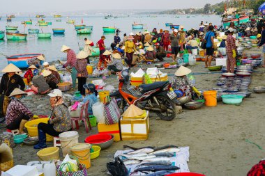 Mui Ne, Vietnam- 22 Mart 2025: Yerel halk güneş doğarken yuvarlak tekne ve sepetlerin arasında deniz kenarında taze balık ticareti yaparken Mui Ne sahil pazarından canlı görüntüler