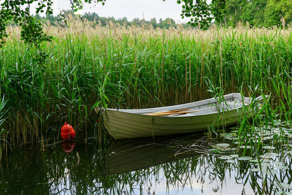 A small rowboat rests quietly among tall reeds by a calm lake, with oars inside and a red buoy floating nearby. Peaceful lakeside nature scene