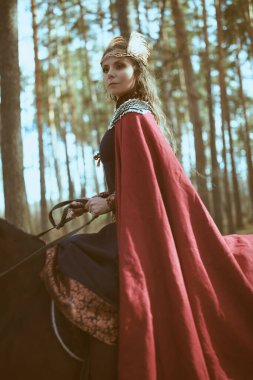Görkemli kadın savaşçı Valkyrie savaş atıyla ormanda at sürüyor. İskandinav mitolojisi. Eski efsaneler.