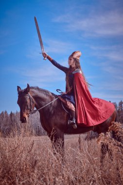 Güzel savaşçı Valkyrie, elinde kılıçla bir savaş atının üzerinde savaşa hazırlanıyor. İskandinav mitolojisi. Fantezi.
